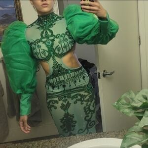 Green Puffy Sleeve Rhinestone Dress
